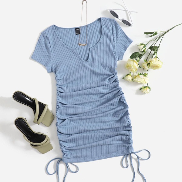 

Notched Neck Rib-knit Drawstring Ruched Dress, Dusty blue