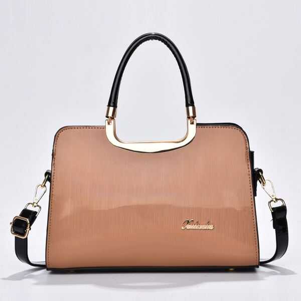 

Clip Top Letter Graphic Top Handle Bag, Khaki