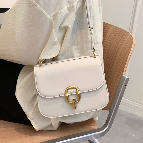 

Minimalist Buckle Design Flap Square Bag, White