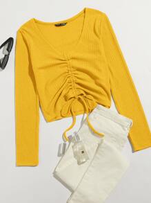 SHEIN Qutie Camiseta tejida de canalé con cordón delantero - Amarillo - Ver 1