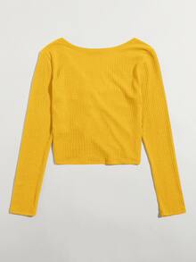 SHEIN Qutie Camiseta tejida de canalé con cordón delantero - Amarillo - Ver 2