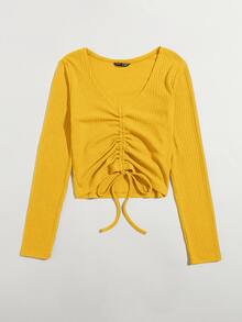 SHEIN Qutie Camiseta tejida de canalé con cordón delantero - Amarillo - Ver 3