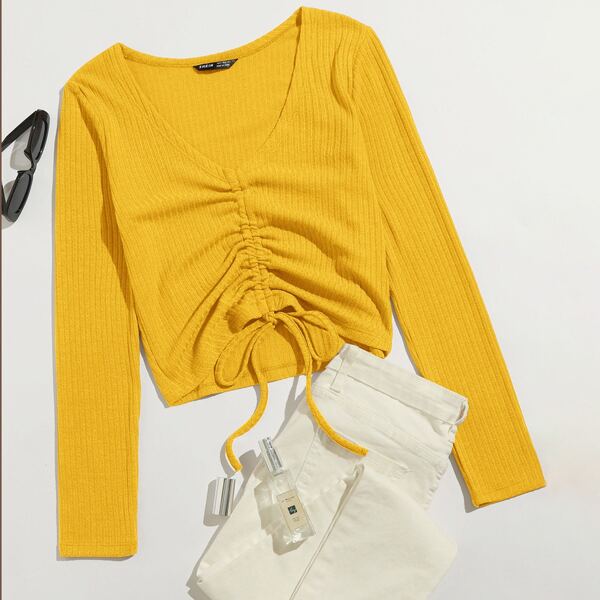 

Drawstring Front Rib-knit Tee, Yellow