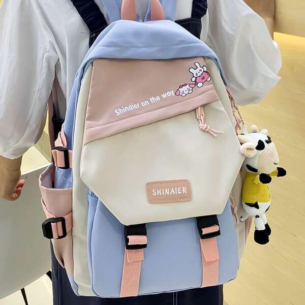 

Doll Decor Cartoon Graphic Flap Backpack, Blue