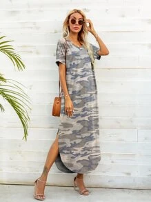 DEARCASE 迷彩印花弧形下擺T恤連衣裙