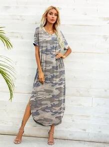 DEARCASE 迷彩印花弧形下擺T恤連衣裙