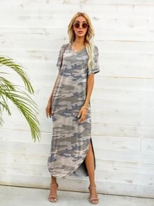 DEARCASE 迷彩印花弧形下擺T恤連衣裙