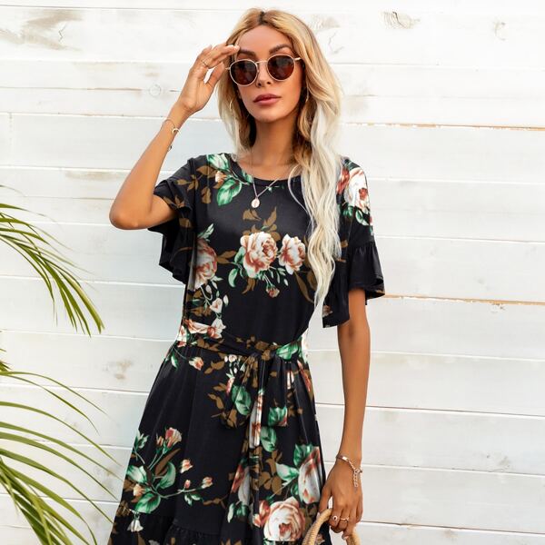 

Floral Print Ruffle Hem Belted Dress, Multicolor