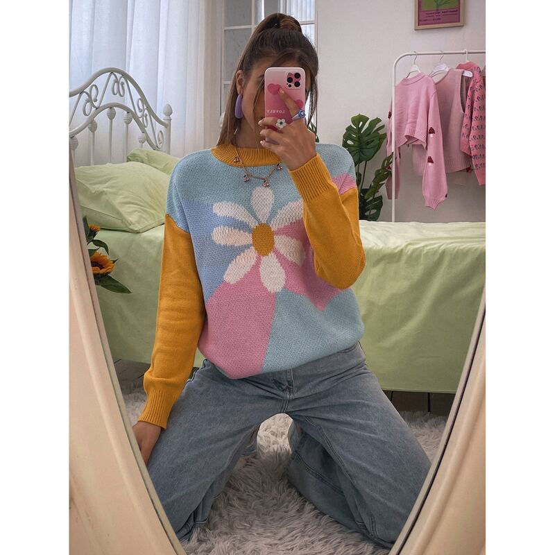 

Floral Pattern Colorblock Drop Shoulder Sweater, Multicolor