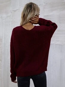 SHEIN LUNE Áo len cổ chữ V trơn, chất liệu dệt kim gân, thích hợp mặc mùa thu đông. - Màu Tím - Xem 2