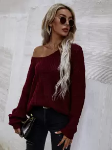 SHEIN LUNE Áo len cổ chữ V trơn, chất liệu dệt kim gân, thích hợp mặc mùa thu đông. - Màu Tím - Xem 3