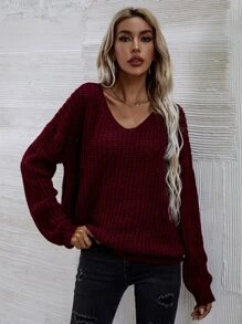 SHEIN LUNE Áo len cổ chữ V trơn, chất liệu dệt kim gân, thích hợp mặc mùa thu đông. - Màu Tím - Xem 4