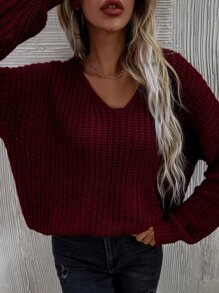 SHEIN LUNE Áo len cổ chữ V trơn, chất liệu dệt kim gân, thích hợp mặc mùa thu đông. - Màu Tím - Xem 5