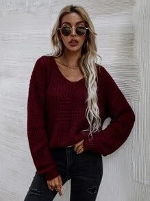 SHEIN LUNE Áo len cổ chữ V trơn, chất liệu dệt kim gân, thích hợp mặc mùa thu đông. - Màu Tím - Xem 6