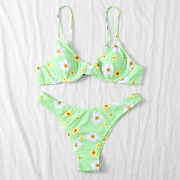 

Floral Random Print Underwire Bikini Swimsuit, Green