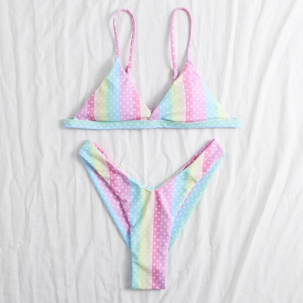 

Polka Dot & Rainbow Stripe Triangle Bikini Swimsuit, Multicolor