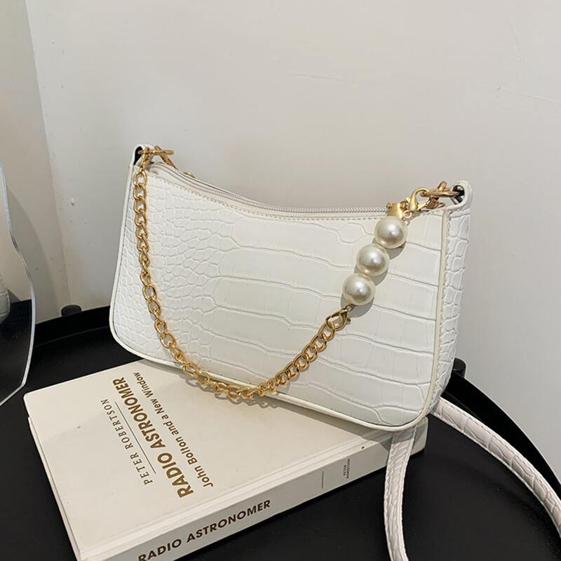 

Chain Decor Croc Embossed Satchel Bag, White