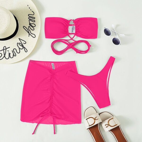 

3pack Solid Bandeau Bikini Swimsuit & Beach Skirt, Hot pink