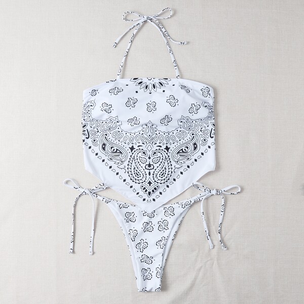 

Paisley Print Hanky Hem Tie Side Bikini Swimsuit, Black and white