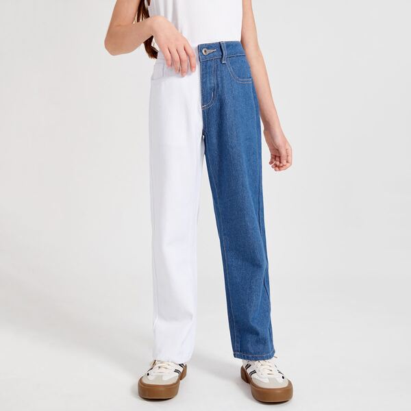

Girls Two Tone Straight Leg Jeans, Blue and white