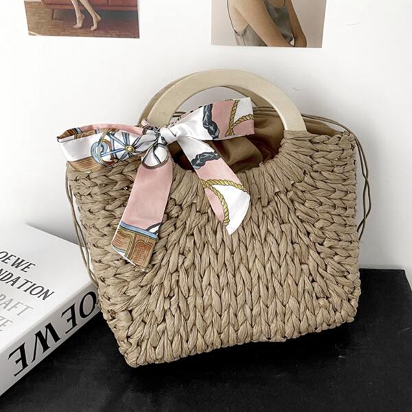 

Scarf Decor Woven Top Handle Bag, Khaki