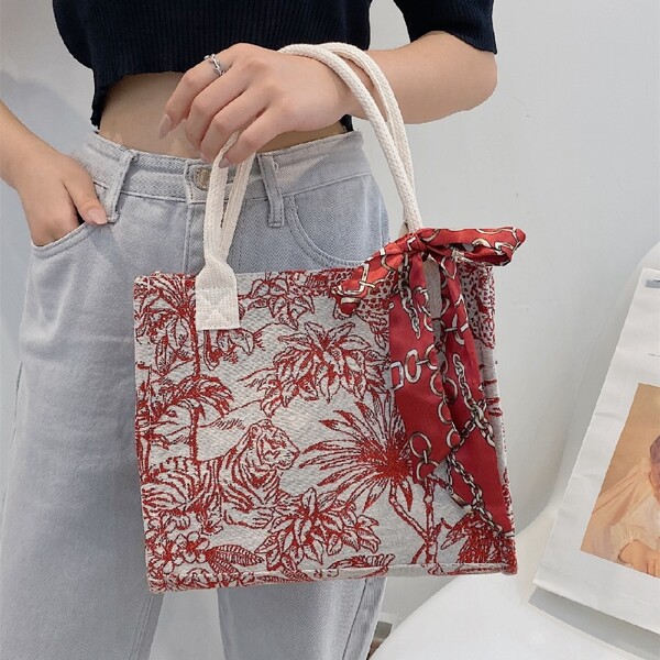 

Scarf Decor Animal Top Handle Bag, Red
