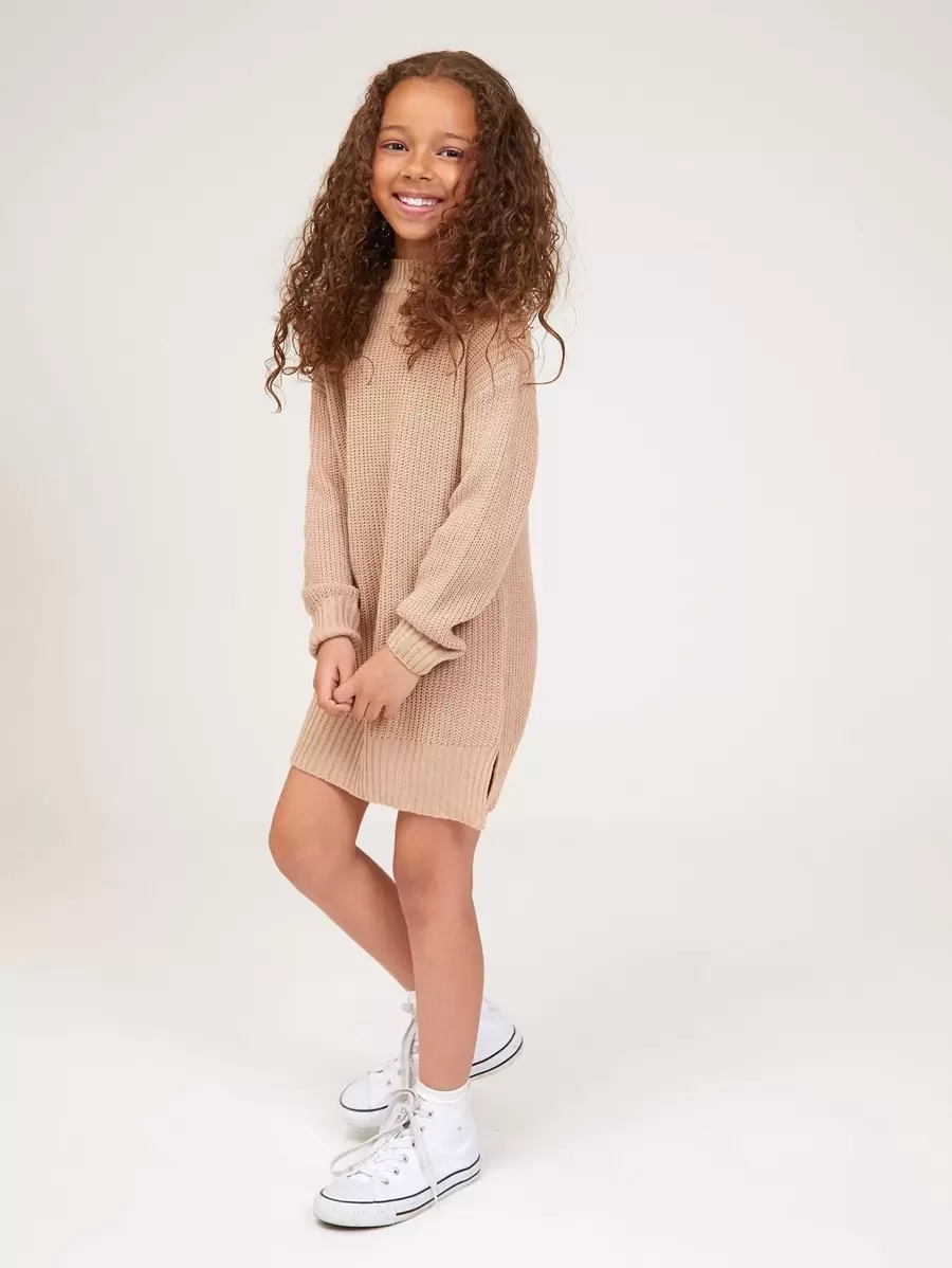 SHEIN Girls Ribbed Knit Drop Shoulder Split Hem Jumper Dress - Khaki - View 1