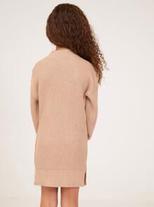 SHEIN Girls Ribbed Knit Drop Shoulder Split Hem Jumper Dress - Khaki - View 2
