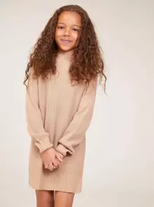 SHEIN Girls Ribbed Knit Drop Shoulder Split Hem Jumper Dress - Khaki - View 3