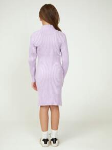 SHEIN Girls Mock Neck Rib Knit Sweater Dress - Lilac Purple - View 2