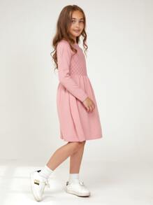 SHEIN Girls Split Hem Pointelle Knit Sweater Dress - Coral Pink - View 3