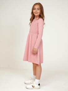 SHEIN Girls Split Hem Pointelle Knit Sweater Dress - Coral Pink - View 4