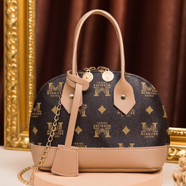 

Allover Print Chain Satchel Bag, Brown