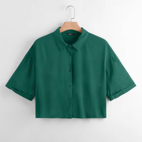 

Plus Solid Button Up Blouse, Dark green