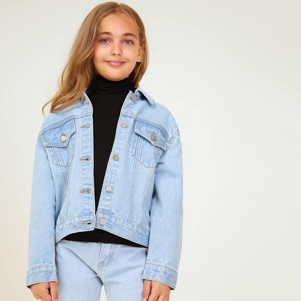 

Girls Flap Pocket Button Front Denim Jacket, Light wash