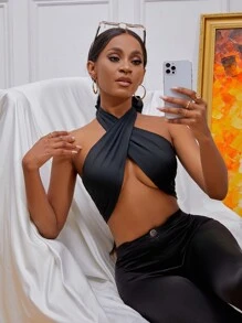 SHEIN SXY Áo hai dây Lộ Lưng Hội Chữ thập Buộc lại Trọn gói màu trơn Gợi cảm - màu đen - Xem 3