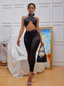 SHEIN SXY Áo hai dây Lộ Lưng Hội Chữ thập Buộc lại Trọn gói màu trơn Gợi cảm - màu đen - Xem 4