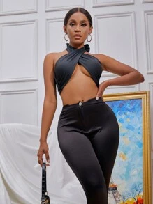 SHEIN SXY Áo hai dây Lộ Lưng Hội Chữ thập Buộc lại Trọn gói màu trơn Gợi cảm - màu đen - Xem 6