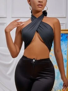 SHEIN SXY Áo hai dây Lộ Lưng Hội Chữ thập Buộc lại Trọn gói màu trơn Gợi cảm - màu đen - Xem 1