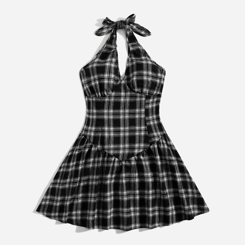 

Plaid Fold Halter Dress, Black and white