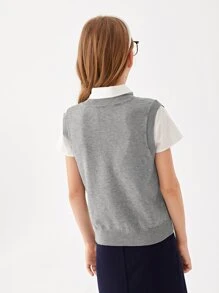 SHEIN Girls Solid V Neck School Sweater Vest Without Blouse - Light Grey - View 2