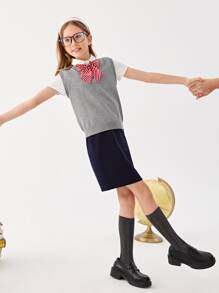 SHEIN Girls Solid V Neck School Sweater Vest Without Blouse - Light Grey - View 3