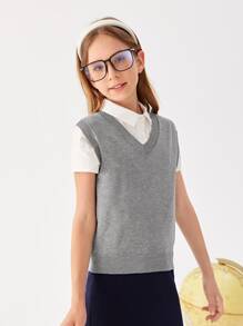 SHEIN Girls Solid V Neck School Sweater Vest Without Blouse - Light Grey - View 4