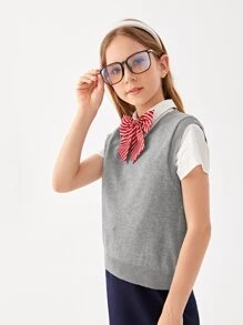 SHEIN Girls Solid V Neck School Sweater Vest Without Blouse - Light Grey - View 5