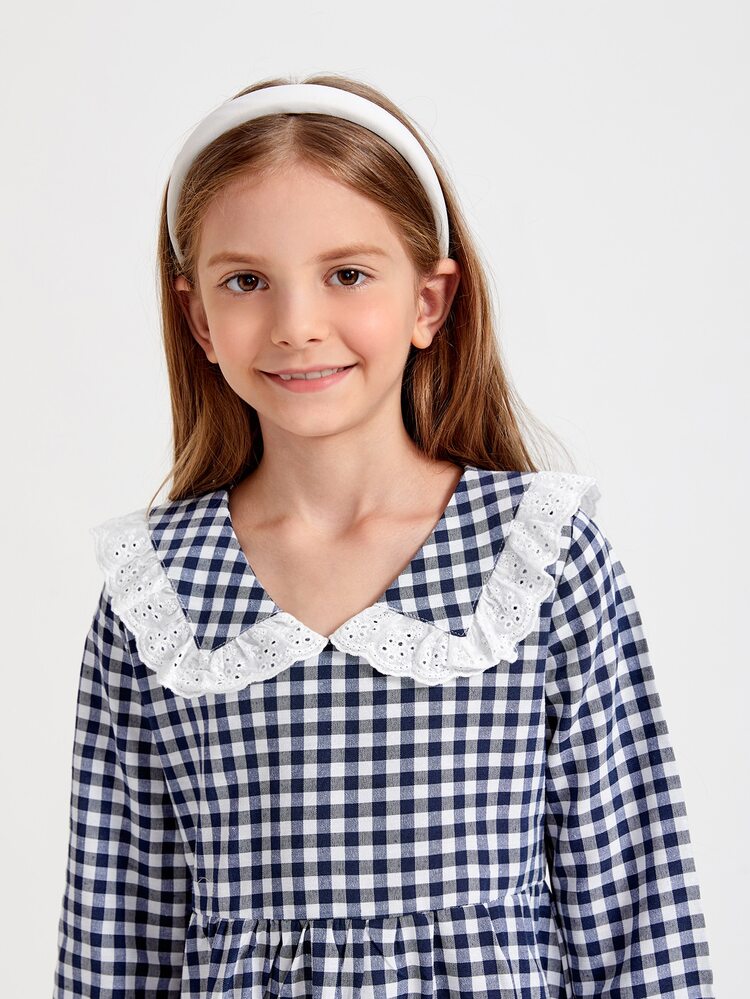 SHEIN Girls Gingham Print Schiffy-Trim Dress - Blue and White - View 6