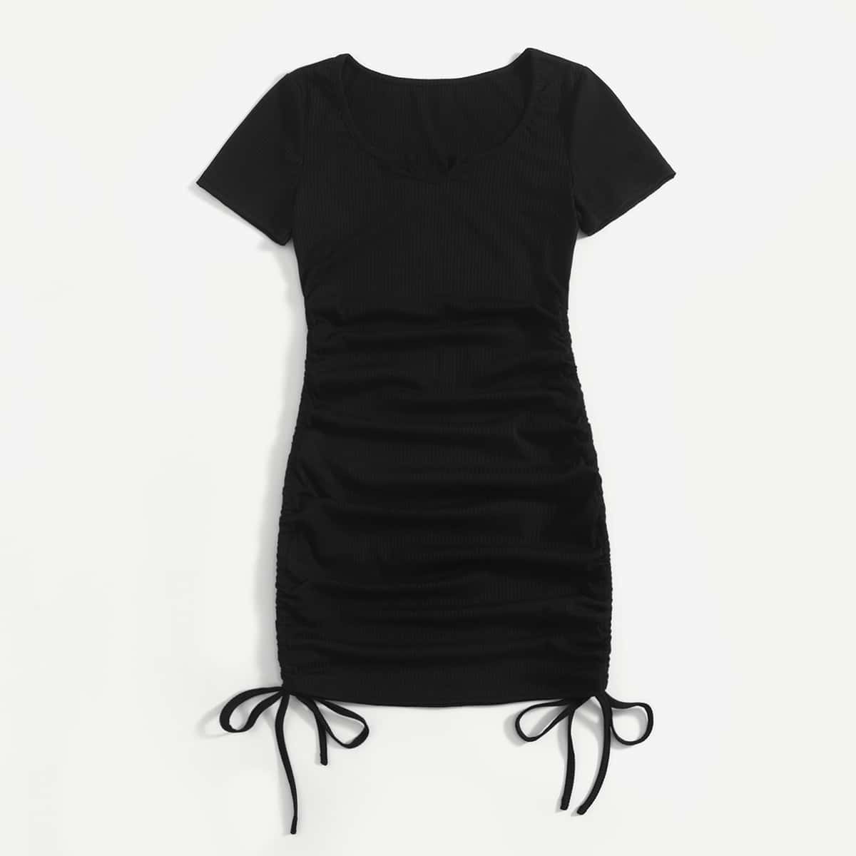

Solid Drawstring Ruched Dress, Black