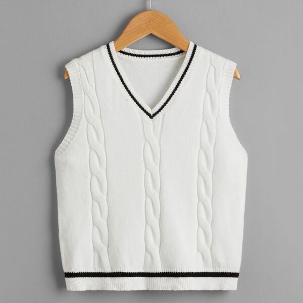 

Boys Cable Knit Striped Sweater Vest, White