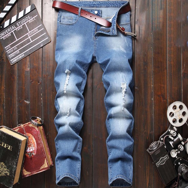 

Men Stone Washed Ripped Jeans Without Belt, Light wash