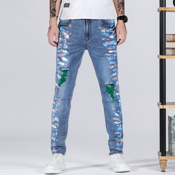 

Men Brush Print Ripped Jeans, Medium wash