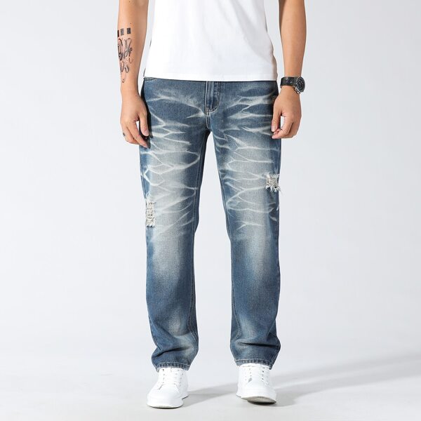 

Men Stone Washed Ripped Straight Leg Jeans, Medium wash
